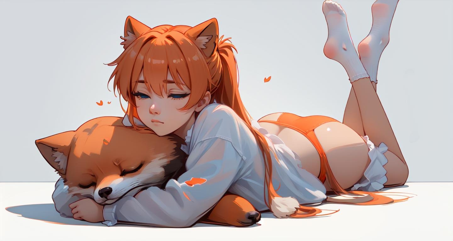 (masterpiece, best quality, ultra-detailed), (beautiful detailed face, beautiful detailed eyes, volumetric lighting),1girl, ass, closed eyes, fox, full body, long hair, lying, long sleeves, white background, simple background, sleeping, socks, solo, orange hair, red pillow, red underwear, panties, on stomach, souryuuasukalangley, sleepy