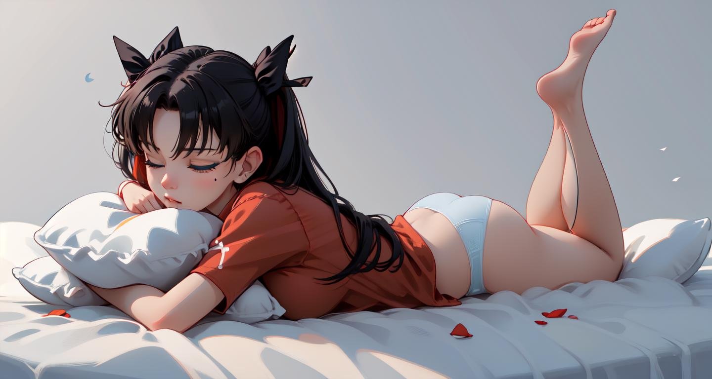 (masterpiece, best quality, ultra-detailed), (beautiful detailed face, beautiful detailed eyes, volumetric lighting),1girl, ass, barefoot, black hair bow, closed eyes, full body, long hair, lying, white background, simple background, red shirt, sleeping, solo, black hair, pillow, underwear, panties, on stomach, tohsaka rin, sleepy, legs together, 