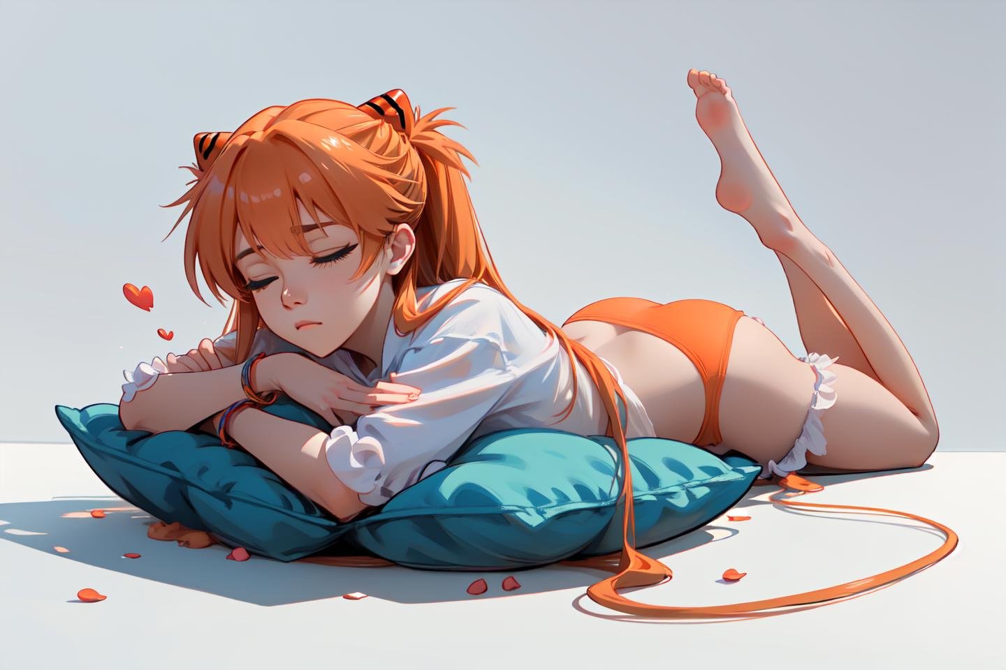 (masterpiece, best quality, ultra-detailed), (beautiful detailed face, beautiful detailed eyes, volumetric lighting),pure sleep,(wide shot, white background, simple background),souryuuasukalangley, (solo, 1girl), sleeping, (closed eyes:1.2), full body, lying, on stomach, sleepy, legs together, underwear, red panties, pillow,ass, barefoot, long hair, orange hair, plugsuit, cable, link cable, 