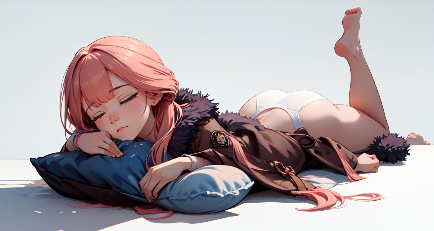 (masterpiece, best quality, ultra-detailed), (beautiful detailed face, beautiful detailed eyes, volumetric lighting),pure sleep,(white background, simple background),aru \(blue archive\), 1girl, sleeping, solo, (closed eyes:1.2), full body, lying, on stomach, sleepy, legs together, underwear, panties, pillow,ass, barefoot, fur trim, long hair, pink hair, coat, 