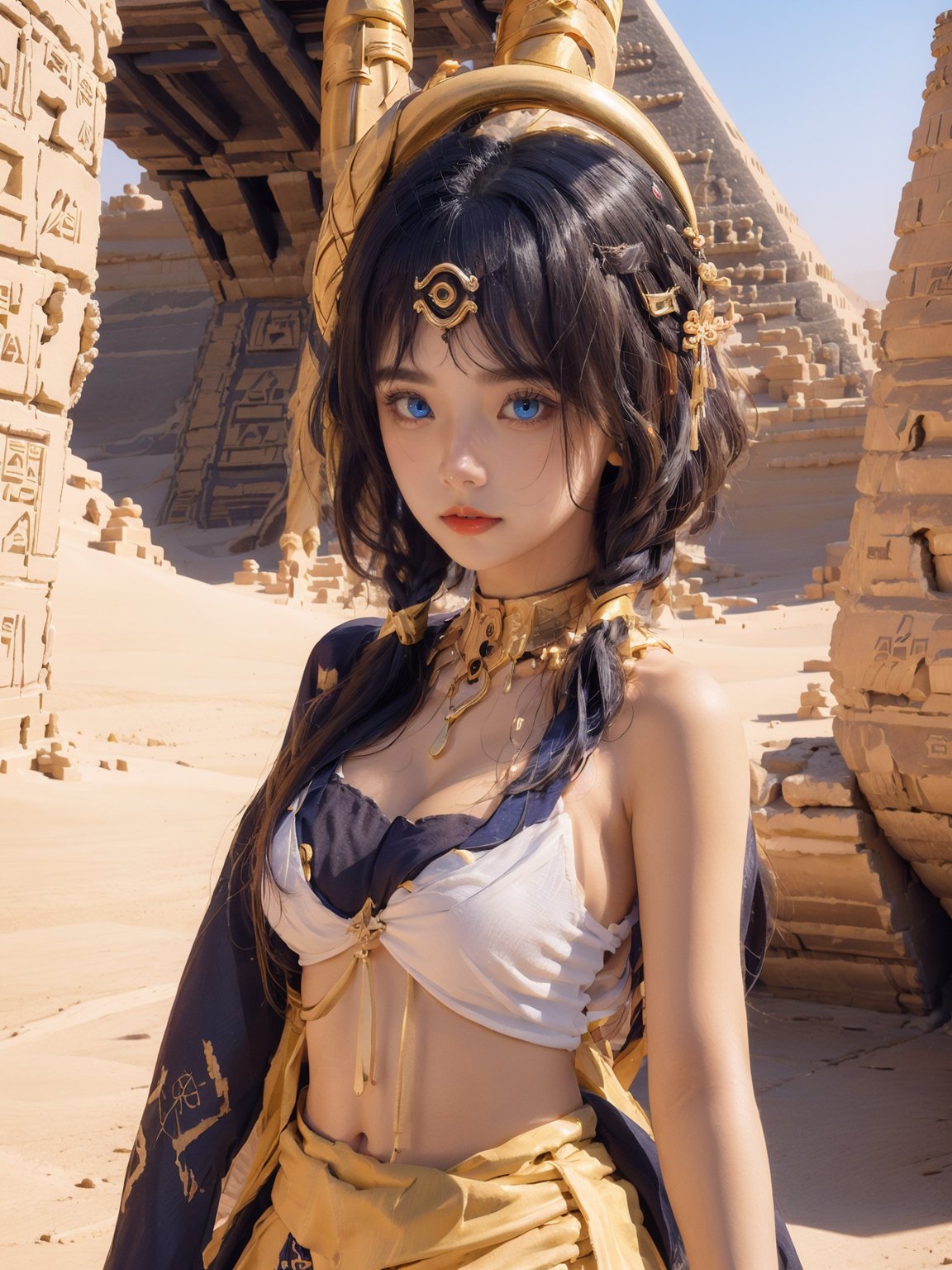  1girl,blue eyes,in egypt,panorama,upper_body,cowboy_shot,,pyramid,heterochromia,yellow eyes, ajkds, DUNHUANG_CLOTHS