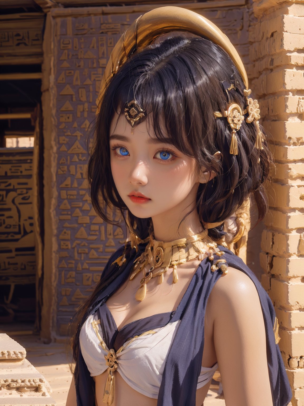  1girl,blue eyes,in egypt,panorama,upper_body,cowboy_shot,,pyramid,heterochromia,yellow eyes, ajkds, DUNHUANG_CLOTHS