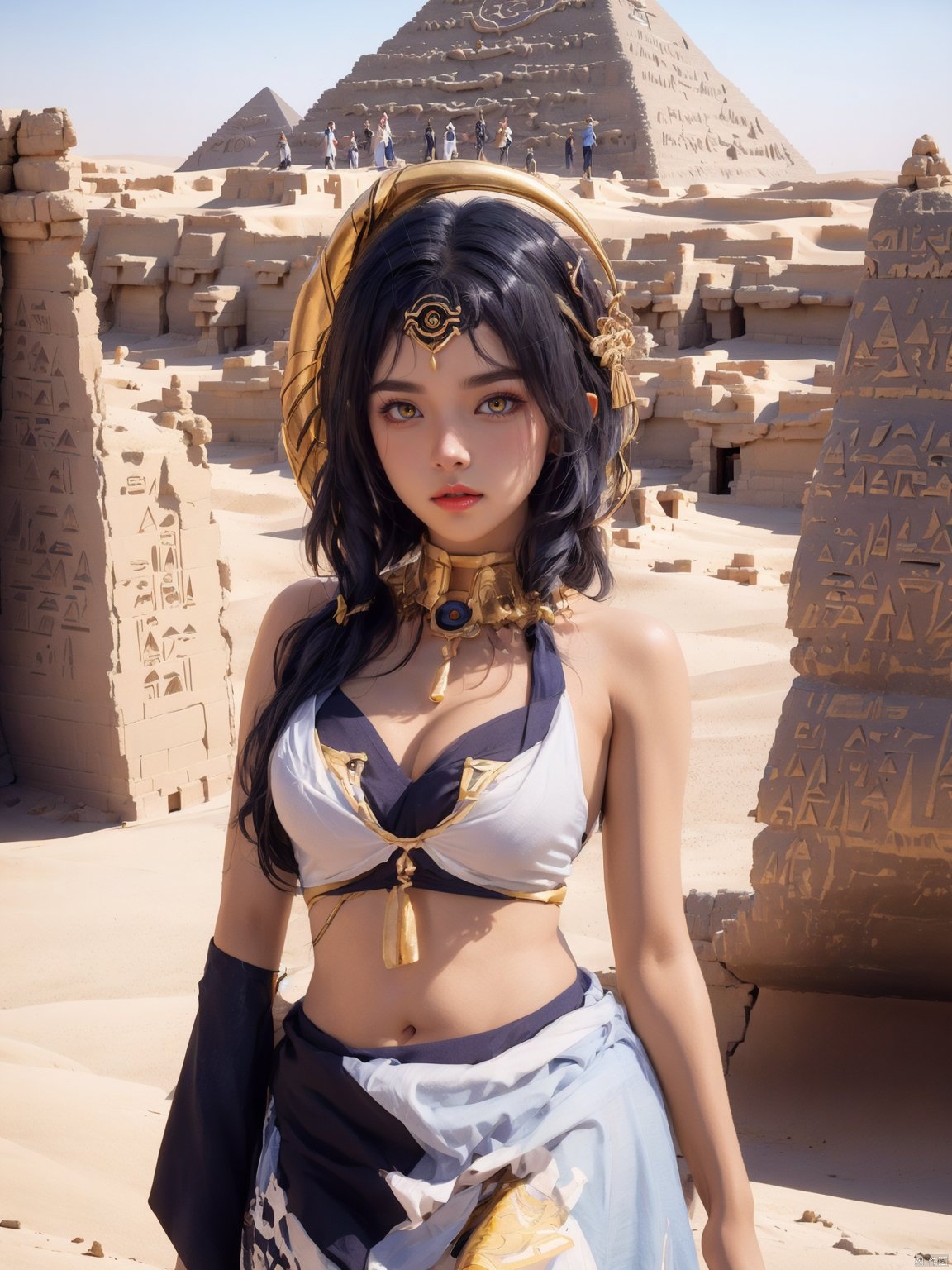  1girl,blue eyes,in egypt,panorama,upper_body,cowboy_shot,,pyramid,heterochromia,yellow eyes, ajkds, DUNHUANG_CLOTHS, chang