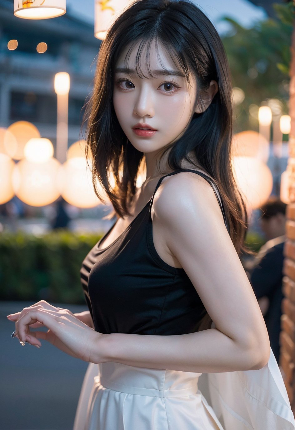 Jihye, 1 girl, detailed face, a woman with long black hair and a black shirt, outdoor scene, (night light),  led lighting, magnificent light, ((fire works)), close up, portrait, upperbody, RAW, (intricate details:1.3), (best quality:1.3), (masterpiece:1.3), (hyper realistic:1.3), best quality, 1 girl, ultra-detailed, ultra high resolution, very detailed mphysically based rendering, dynamic angle, dynamic pose, wind, 8K UHD, Vivid picture, High definition, intricate details, detailed texture, finely detailed, high detail, extremely detailed cg, High quality shadow, a realistic representation of the face, beautiful detailed, (high detailed skin, skin details), slim waist, beautiful and realistic and detailed hands and fingers:1, best ratio four finger and one thumb, (detailed face, detailed eyes, beautiful face), ((korean beauty, kpop idol, ulzzang, korean celebrity, korean cute, korean actress, korean, a beautiful 18 years old beautiful korean girl)), (high detailed skin, skin details), Detailed beautiful delicate face, Detailed beautiful delicate eyes, a face of perfect proportion, (beautiful and realistic and detailed hands and fingers:1.3), (Big breasts:1.3), (full body shot:1.3), (long legs:1.3), (sparkling eyes:1.3), (sparkling lips:1.3), taken by Canon EOS, SIGMA Art Lens 35mm F1.4, ISO 200 Shutter Speed 2000, Vivid ((korean beauty, kpop idol, ulzzang, korean celebrity, korean cute, korean actress, korean, 인스타 여신:1.3, a beautiful 18 years old beautiful korean girl)), (blue eye), (black long hair),chanel_jewelry, chanel_bag, vancleef_necklace,Nice legs and hot body, see-through,hourglass bodyshape ,Jihye,Bomi
