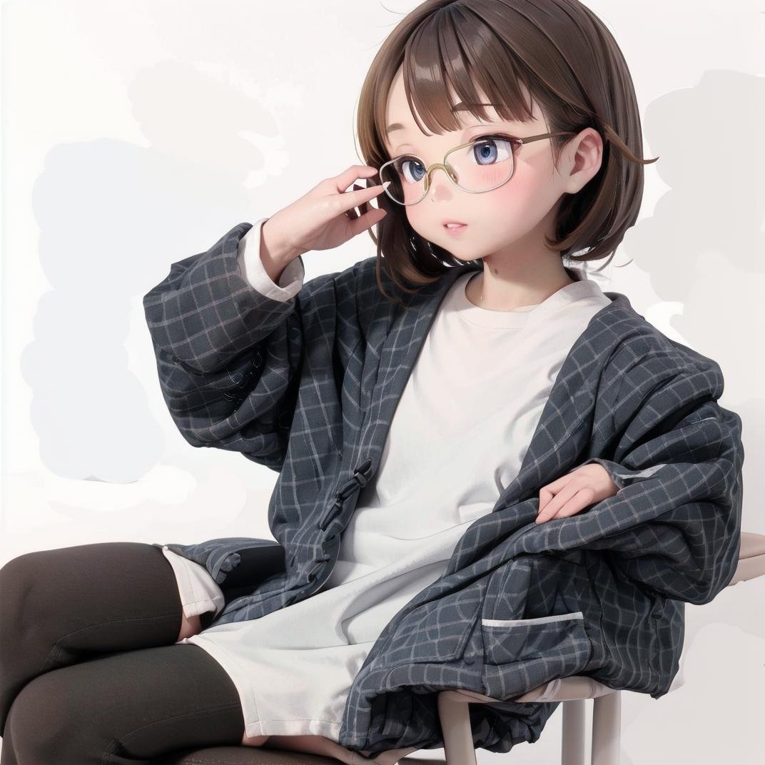 best quality, ultra-detailed, illustration,hanten, 1girl, glasses, black hair, long hair, sitting, white background, simple background, lips, holding, shirt <lora:JAPAN_Hanten_SD15_V1:1>