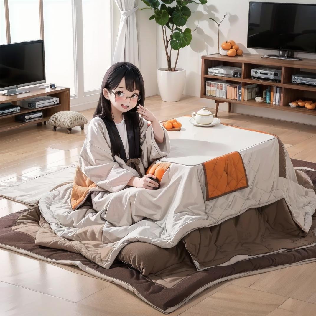 best quality, ultra-detailed, illustration,hanten, 1girl, glasses, black hair, long hair, sitting, shirt, laughing, looking at viewer, solo focus, kotatsu, indoors, television, rug, wooden floor, book, blanket, carpet, mandarin orange, cup, orange (fruit), bowl, teapot, <lora:JAPAN_Hanten_SD15_V1:0.6> <lora:JAPAN_Scenery_kotatsu_SD15_V2:0.6> 