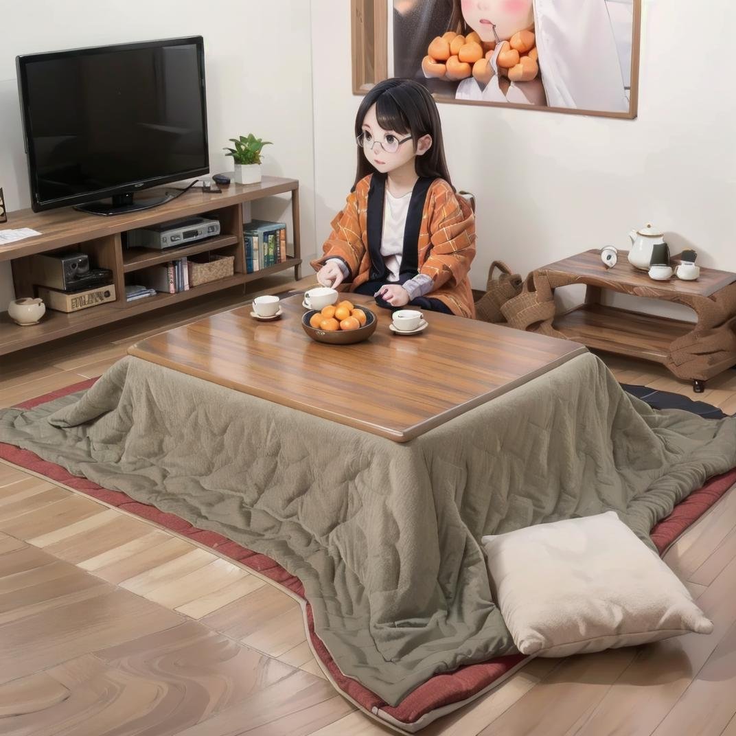 best quality, ultra-detailed, illustration,hanten, 1girl, glasses, black hair, long hair, sitting, shirt, kotatsu, indoors, television, rug, wooden floor, book, blanket, carpet, mandarin orange, cup, orange (fruit), bowl, teapot, <lora:JAPAN_Hanten_SD15_V1:0.8> <lora:JAPAN_Scenery_kotatsu_SD15_V2:0.6> 