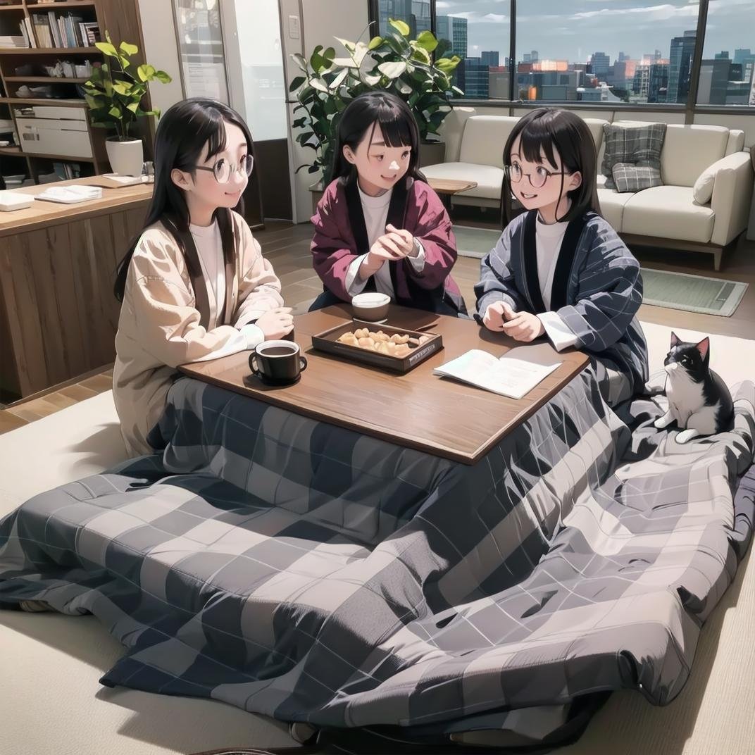 best quality, ultra-detailed, illustration, glasses,hanten, table, multiple girls, kotatsu, realistic, cat, black hair, 3girls, long hair, smile, animal, indoors, sitting, glasses<lora:JAPAN_Hanten_SD15_V2:0.8>