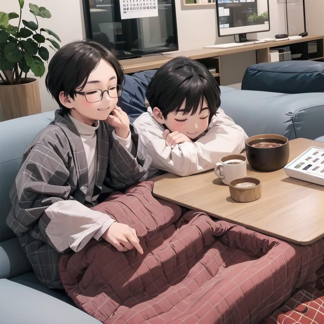 best quality, ultra-detailed, illustration, glasses,hanten, kotatsu, table, black hair, smile, indoors, closed eyes, 2boys, sitting, multiple boys, head rest, long sleeves, short hair, 1girl, 1boy, couch, plant, bangs, calendar (object)<lora:JAPAN_Hanten_SD15_V2:0.8>