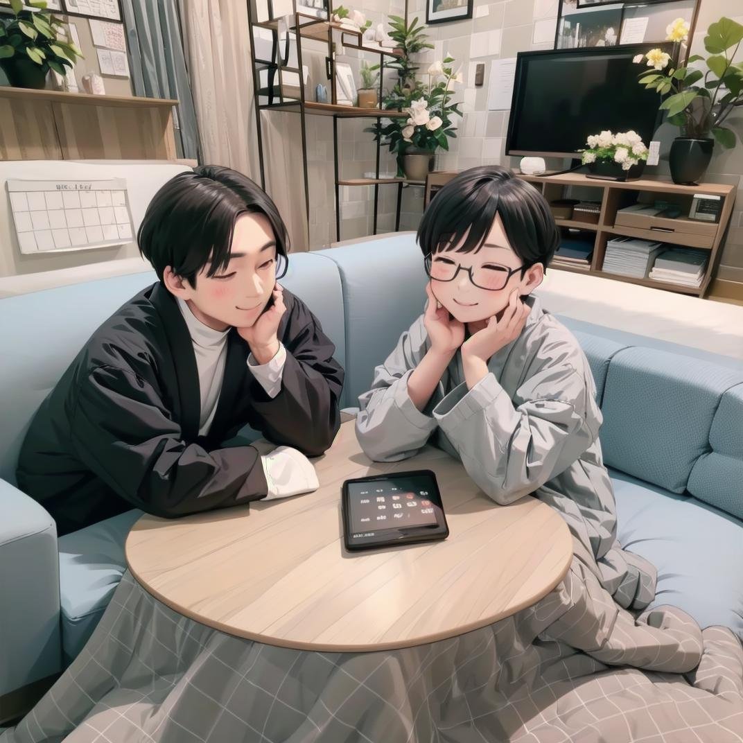 best quality, ultra-detailed, illustration, glasses,hanten, kotatsu, table, black hair, smile, indoors, closed eyes, 2boys, sitting, multiple boys, head rest, long sleeves, short hair, 1girl, 1boy, couch, plant, bangs, calendar (object)<lora:JAPAN_Hanten_SD15_V2:0.8>