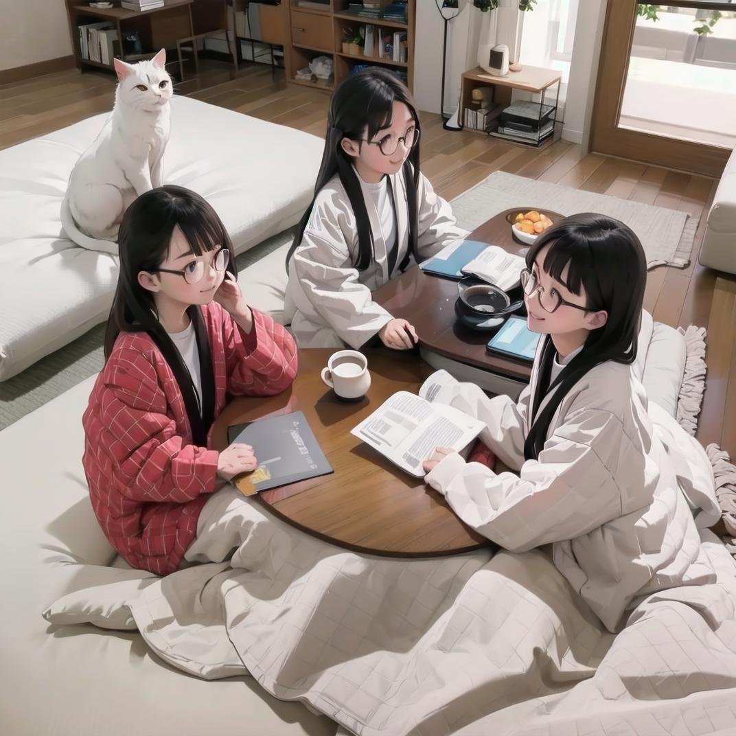 best quality, ultra-detailed, illustration, glasses,hanten, table, multiple girls, kotatsu, realistic, cat, black hair, 3girls, long hair, smile, animal, indoors, sitting, glasses<lora:JAPAN_Hanten_SD15_V2:0.8>