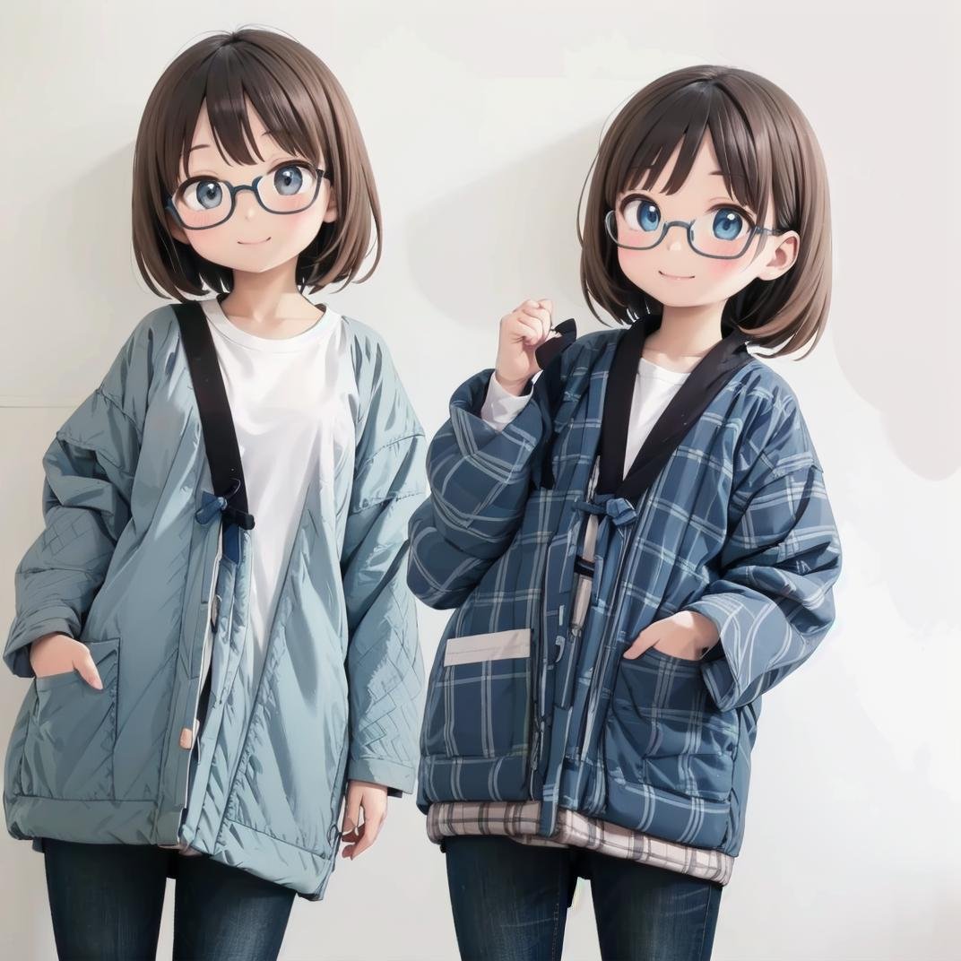 best quality, ultra-detailed, illustration, glasses, solo, smile,hanten, 1girl, hand in pocket, shirt, pants, white shirt, white background, blue pants, long sleeves, plaid, simple background, cowboy shot, standing, black hair<lora:JAPAN_Hanten_SD15_V2_Resize_DIM8:1>