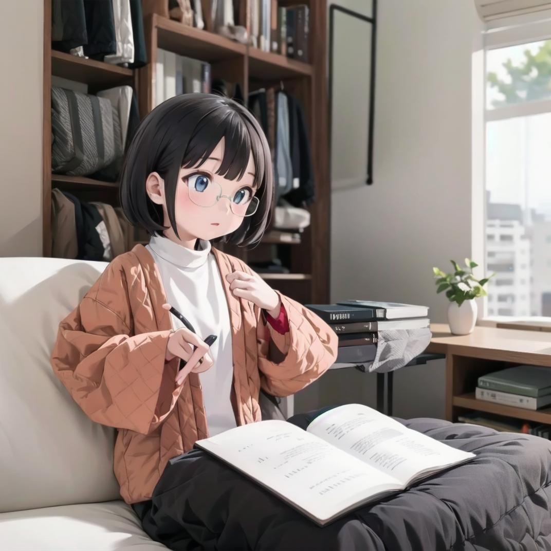 best quality, ultra-detailed, illustration, glasses,hanten, 1girl, sitting, black hair, indoors, short hair, long sleeves <lora:JAPAN_Hanten_SD15_V2_Resize_DIM8:1>