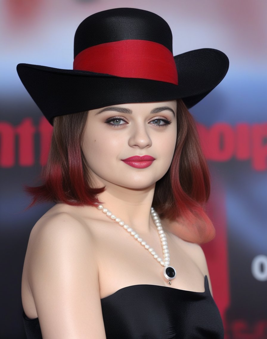 JoeyKing,<lora:JoeyKingSDXL:1>The image features a woman wearing a black hat, a black dress, and a pearl necklace. She is posing for a picture, and her lips are painted red. The woman is also wearing a black glove, which adds to her elegant and stylish appearance. The combination of her outfit, makeup, and accessories creates a sophisticated and timeless look. (controlnet_mode:canny sdxlYamersRealism2, sdxl-1. 0. 0. 9. safetensors, SeargeSDXL4. 2-Llama2 prompt)