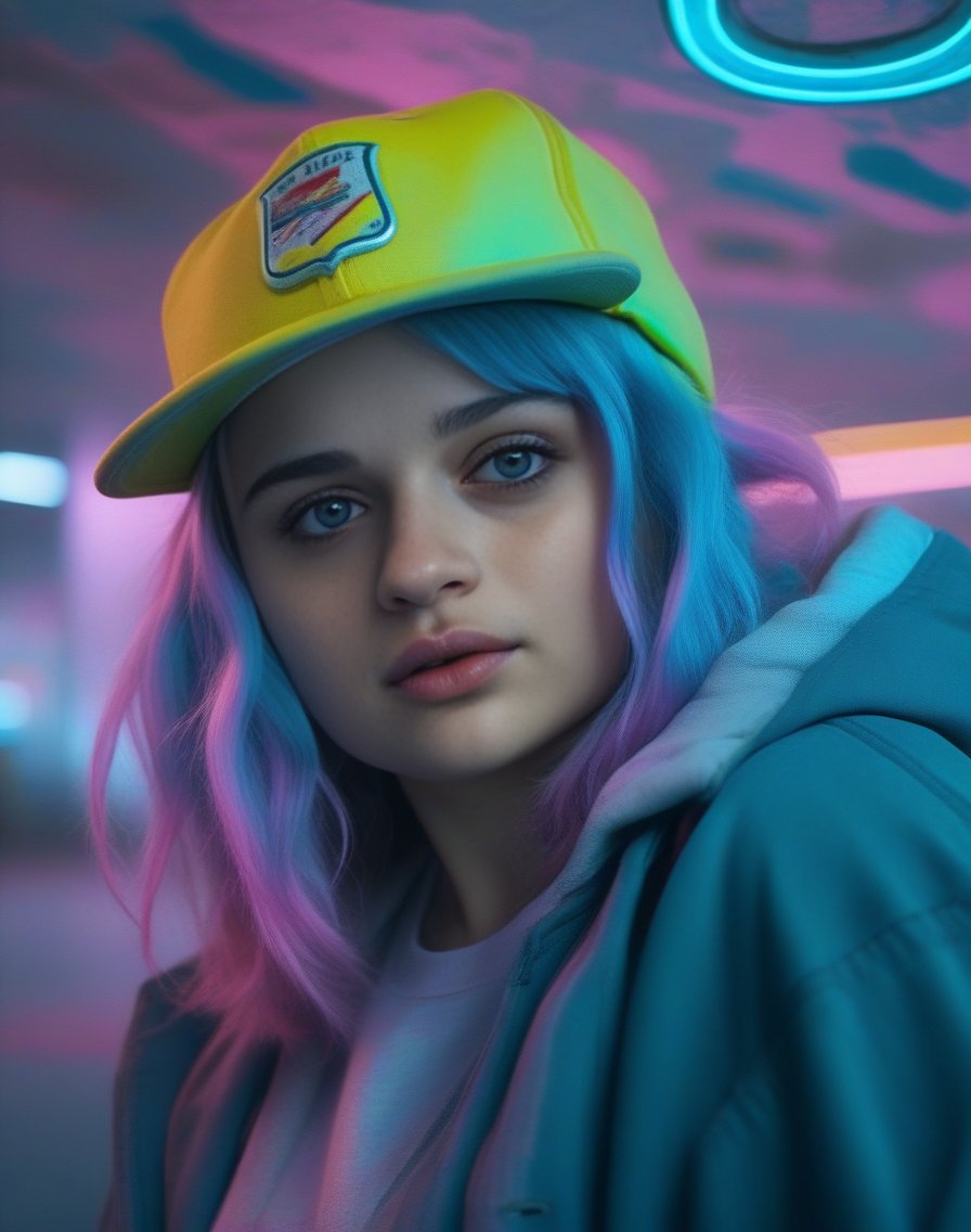 JoeyKing, portrait,close up of a [Potent|Fluid] burly (Girl:1.1) , 😏, Playing Hockey, Leaning back, Vintage Gray hair, Cellphone, Hat, Angelic Halo, from inside of a Discouraged Pedestrian tunnel, at Overcast, Ultra Real, highly detailed, Colorful neon hue, otherworldly, under water, 4K,  <lora:JoeyKingSDXL:1>