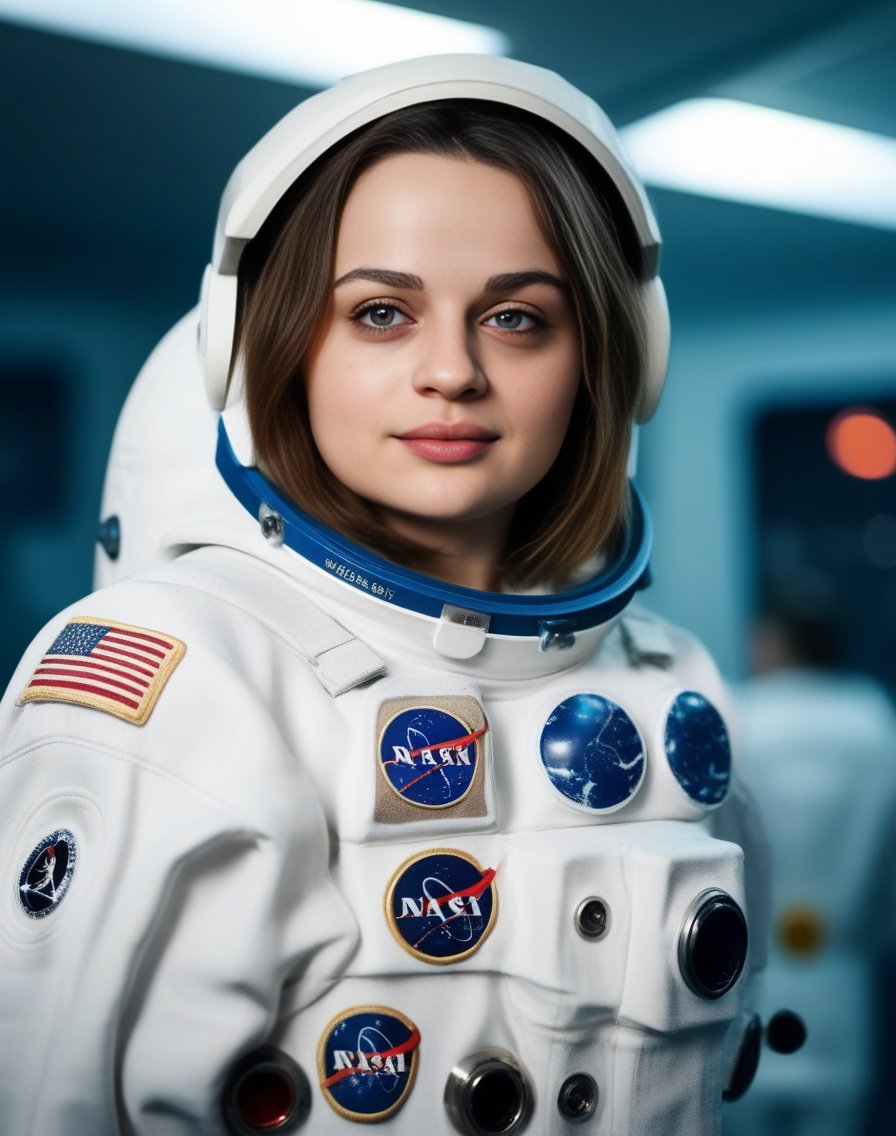 JoeyKing,<lora:JoeyKingSDXL:1>,photo,detailed background, stunning beauty, high quality photo, perfect composition, perfect details and textures, highly detailed, front view, looking at camera, perfect lighting, with an astronaut suit in the space station