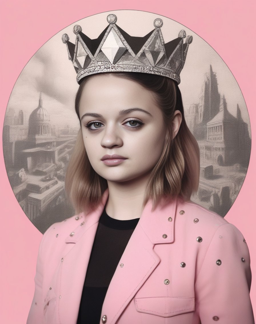 JoeyKing, (art by Buckminster Fuller:0.9) , (art by George Catlin:1.1) , portrait, Golden ratio,close up of a Sacred stocky Burlesque (Girl:1.2) , wearing Hateful Crystal Pink Blazer and jeans, Handsome hair styled as Crown braid, street with Pear, Confused, Teslapunk, waning light, Circular polarizer, Monochromatic Charcoal filter,  <lora:JoeyKingSDXL:1>