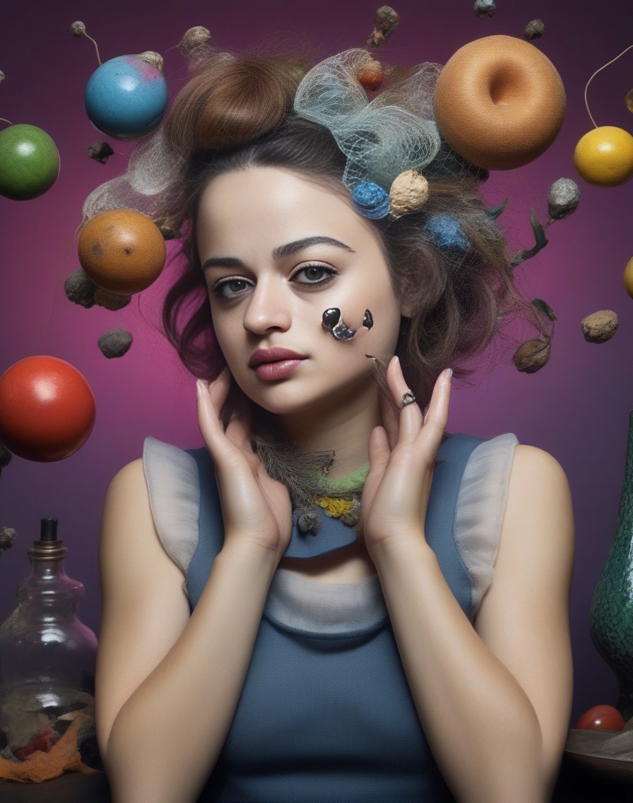 JoeyKing, [ (art by Isamu Noguchi:1.1) ,art by Peter Lippmann:1], portrait, space and fauna,close up of a [Nerdy:Bold:6] Burlesque Woman, Cooking, Playing with Hair, Bokeh, Overdetailed art, Hackercore, F/8, Vibrant Color,  <lora:JoeyKingSDXL:1>