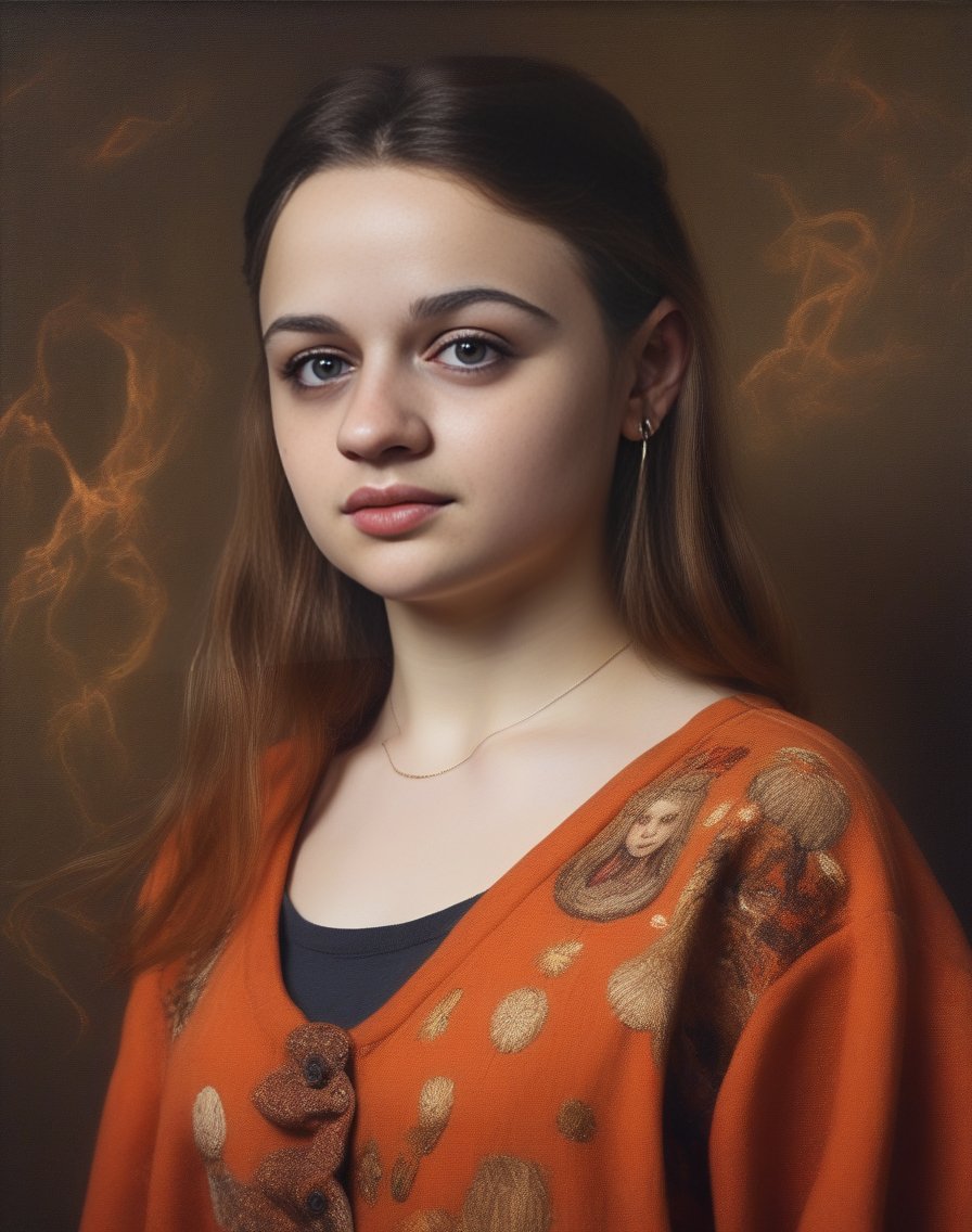 JoeyKing, (art by Helen Allingham:0.9) , portrait,close up of a Fiery Warlike Girl, Professor, wearing Dimensional Wide-leg pants and crop top with Mewtwo embroidery, Ultra Real, Rembrandt lighting,  <lora:JoeyKingSDXL:1>