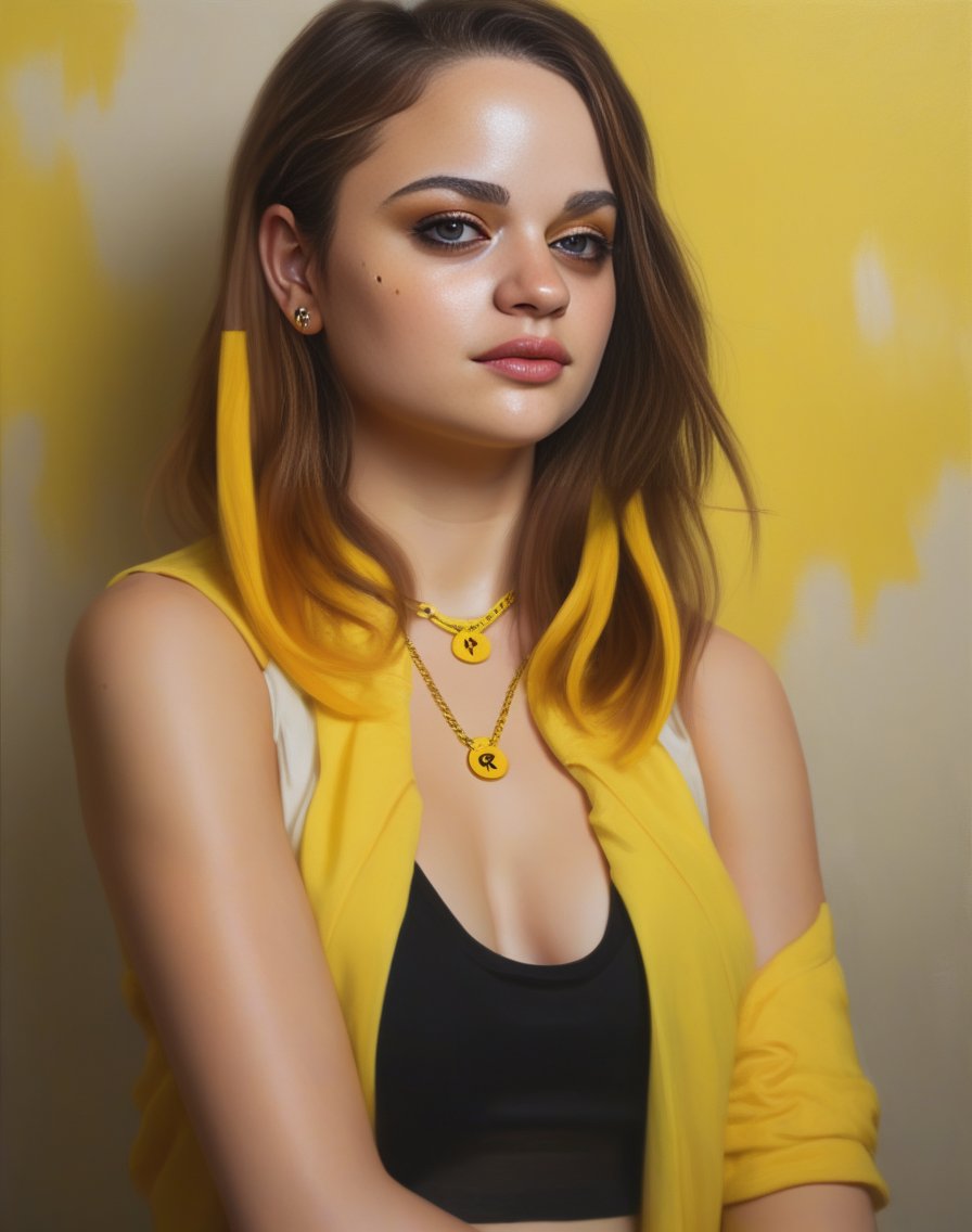 JoeyKing, (art by Casey Childs:1.2) , portrait,close up of a Woman, 😎, wearing Symbolic Yellow Mino, glamour pose, Anklet, ultrafine detailed, Lustful, Yume Kawaii,  <lora:JoeyKingSDXL:1>