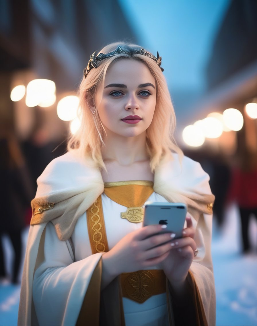 JoeyKing,<lora:JoeyKingSDXL:1> photograph, Compelling athletic Female cosplaying as Freyja, Snowing, Iphone X, Low shutter