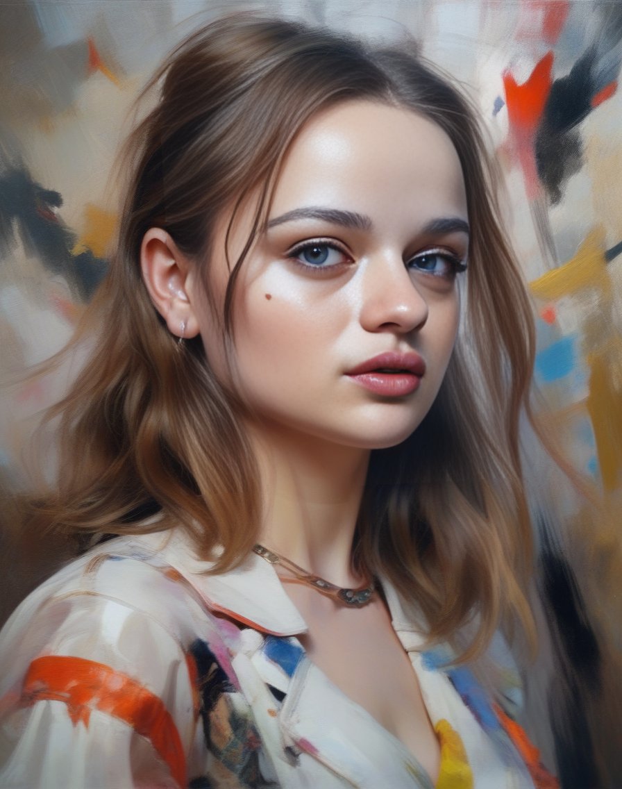 JoeyKing, [art by Sergey Musin, (art by Alexander McQueen:1.0) :1], portrait,close up of a Gorgeous Paranoid Girl, split diopter, Fearful, Colorful, most beautiful artwork in the world,  <lora:JoeyKingSDXL:1>