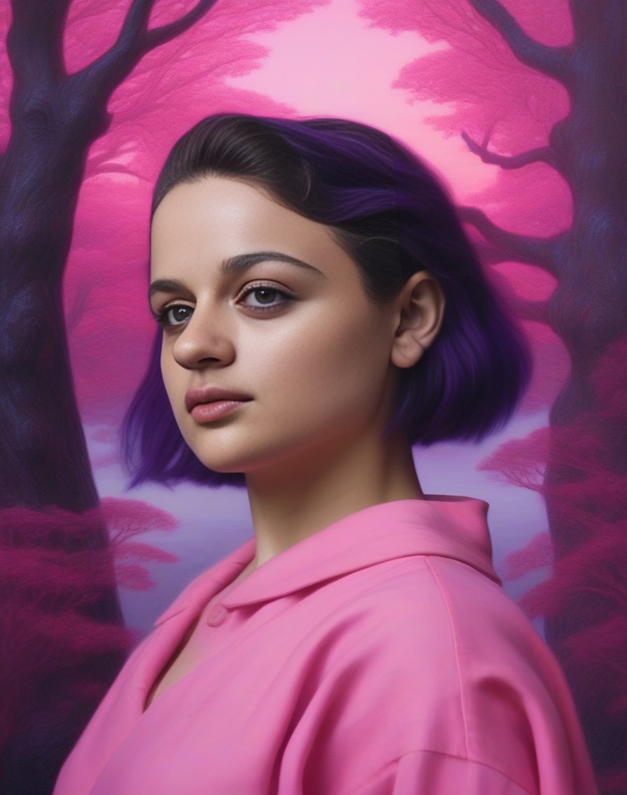 JoeyKing, (art by Louis Janmot:1.0) , portrait, fluorescent pink trees,close up of a Efficacious muscular Australian Woman surrounded by Quasar, dark violet Caesar cut hairstyle, split diopter, Satisfying,  <lora:JoeyKingSDXL:1>