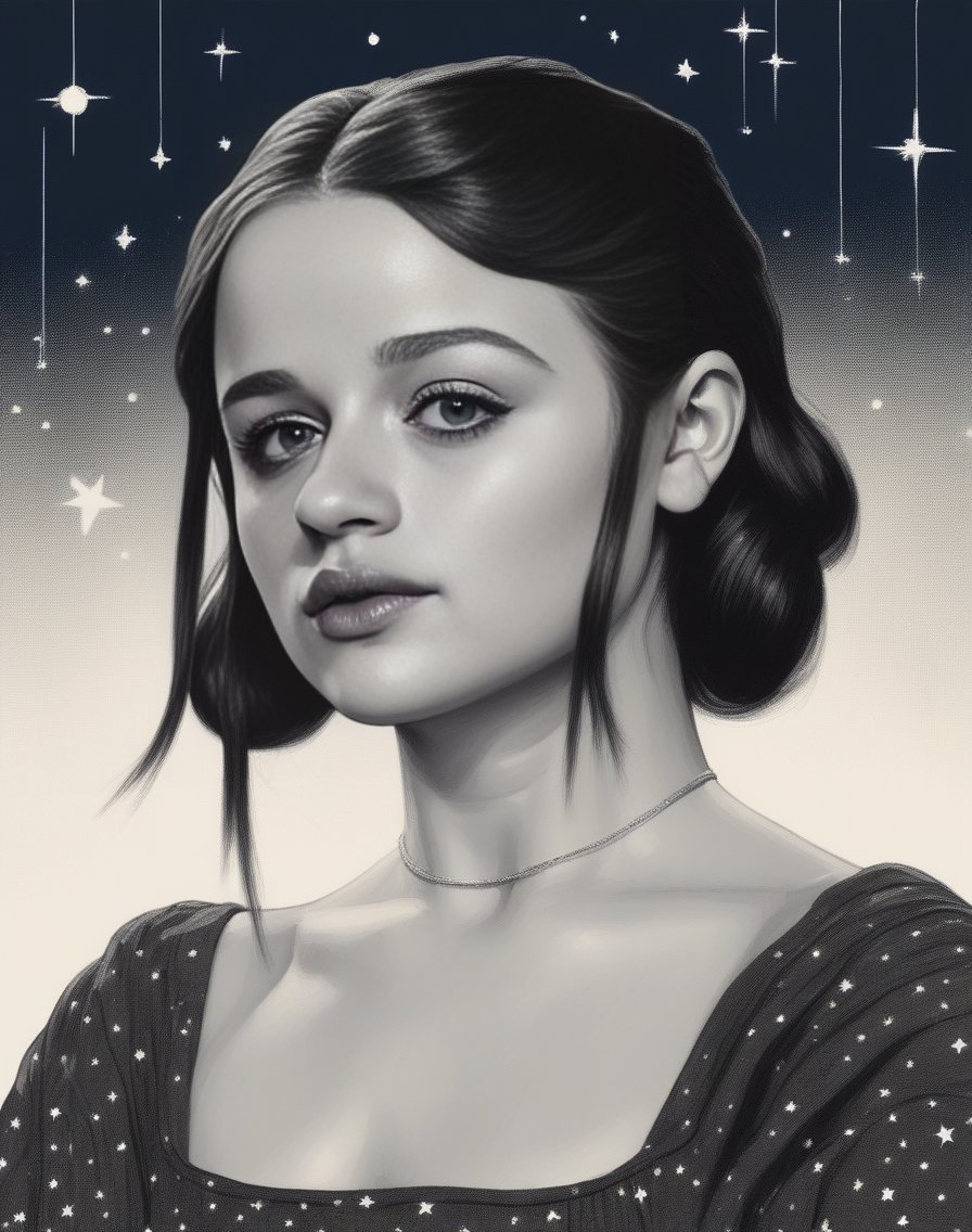 JoeyKing, portrait,close up of a [Depressing|Astonishing] stout Female, Composing music, Dark Low ponytail hairstyle, simple background, Stars in the sky, telephoto lens, art by Ephraim Moses Lilien,  <lora:JoeyKingSDXL:1>