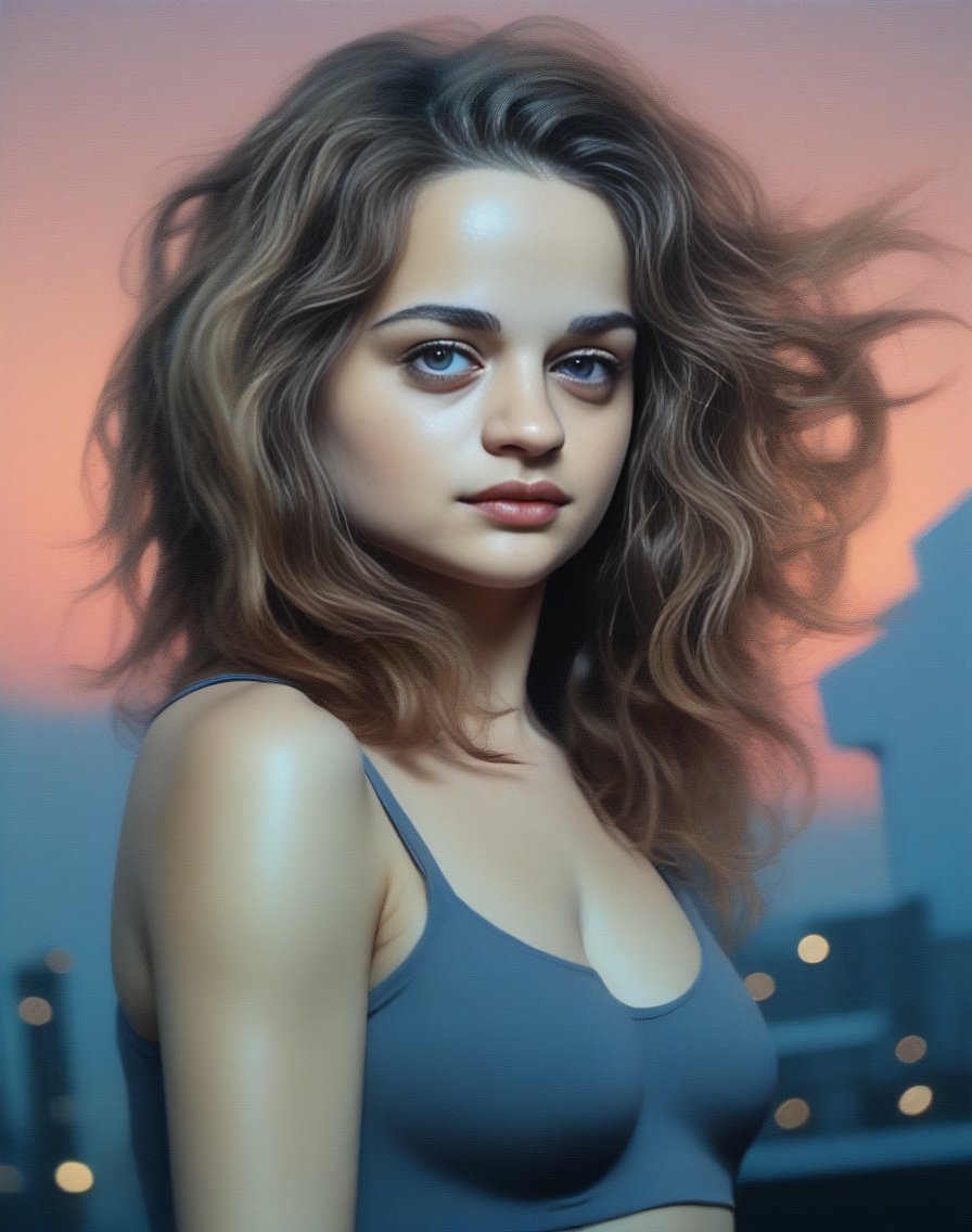 JoeyKing, (art by Erna Rosenstein:0.7) , portrait, majestic,close up of a Colossal Rich buff Female, Accomplished hair styled as Short and messy, at Blue hour, decal art, Kodak portra, otherworldly,  <lora:JoeyKingSDXL:1>