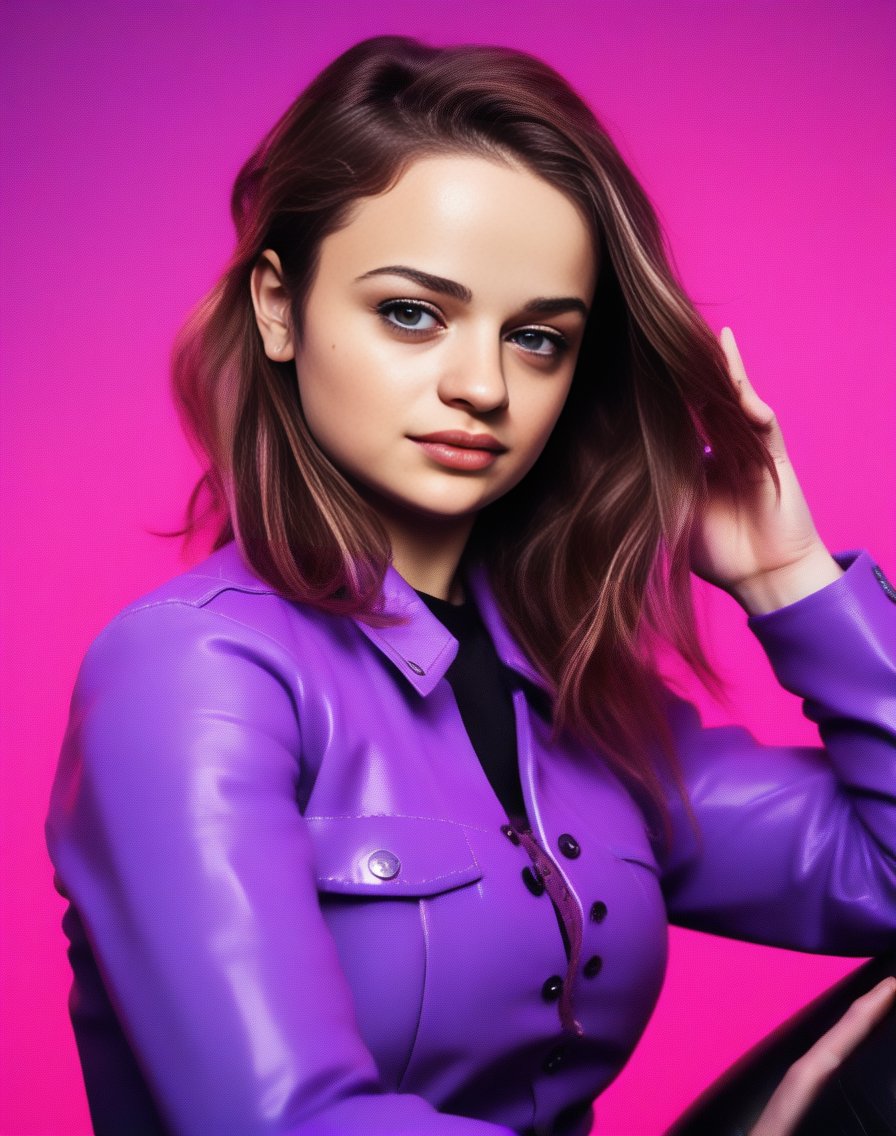 JoeyKing, portrait,close up of a Illuminating Female, Horseback riding, Skilled French crop hairstyle, DayGlo purple and Brown background, spring cityscape,  <lora:JoeyKingSDXL:1>