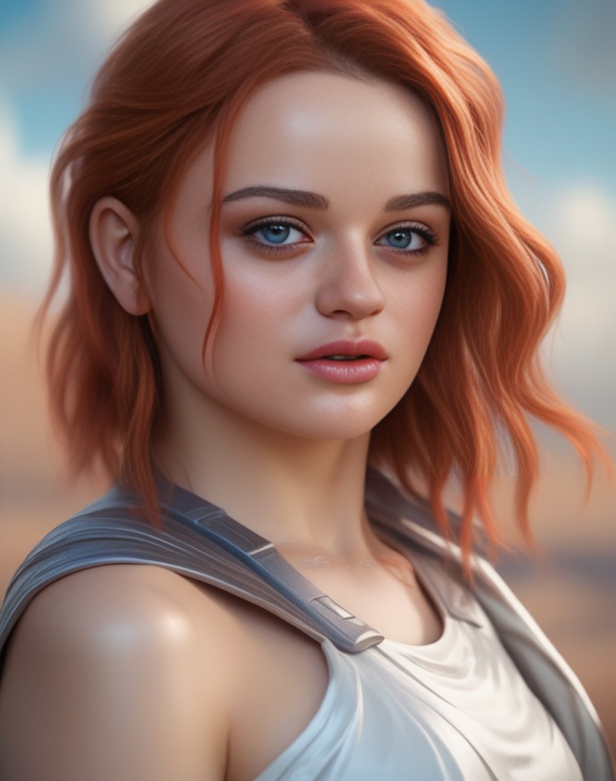 JoeyKing,<lora:JoeyKingSDXL:1>,portrait,female, beautiful face and flawless skin!, perfect nose!! intricate elegant highly detailed digital painting artstation concept matte sharp focus illustration by Ruan Jia on ArtStation HD. W- 1024 n9x 35mm T3d"s glass oc commission photorealistic portrait cinematic action shot of a young woman with red hair in style anime movie character from the future standing at an alien planet background | drawn as if wearing white braided skirt holding blue lightsaber 4k detail hyperreal symmetrical full body well proportionate realistic high resolution quality 8K pastel colours soft lighting cute freckles + blonde short