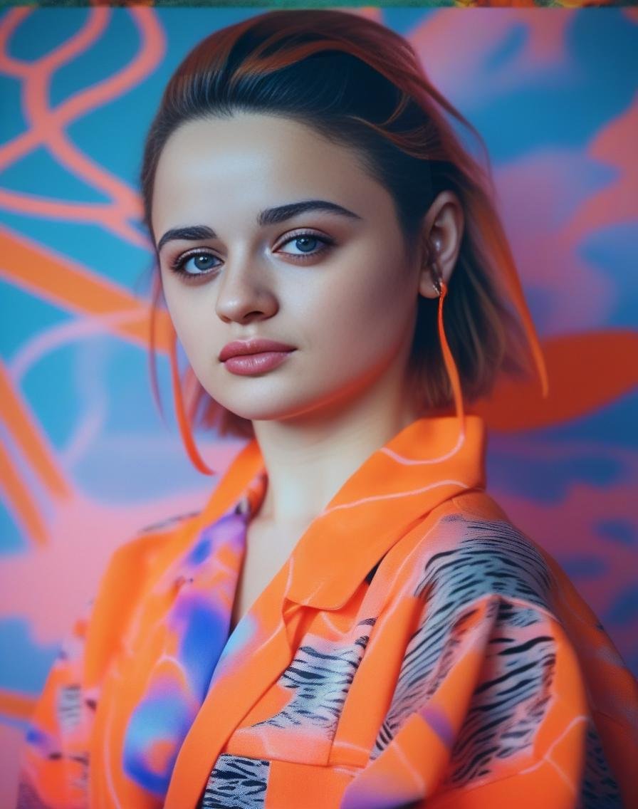 JoeyKing, portrait,close up of a Secret Holistic Taishō Era (Woman:1.1) , intricate background, wearing Balanced Galaxy Orange 1980s neon clothing, JoJo pose, horizon-centered, Vaporwave, Autochrome, bloom, full of zebra print, Concept Art World, art by Julie Mehretu,  <lora:JoeyKingSDXL:1>