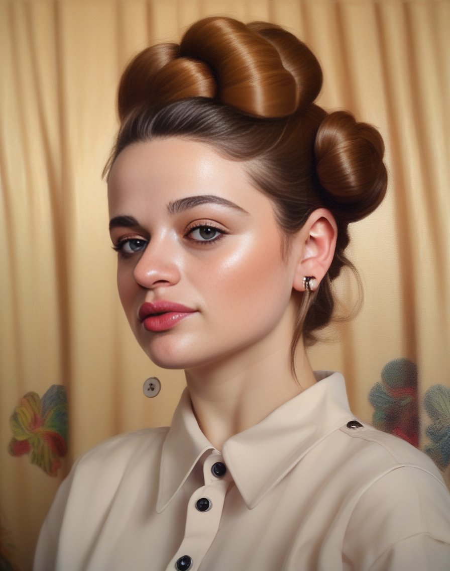 JoeyKing, portrait,close up of a Woman, wearing Osprey-style Pork pie hat, Relaxing hair styled as French twist bun, Vivid Buttons, at Golden hour, Overdetailed art, Hopeful, Conceptual Art, art by Victoria Francés,  <lora:JoeyKingSDXL:1>