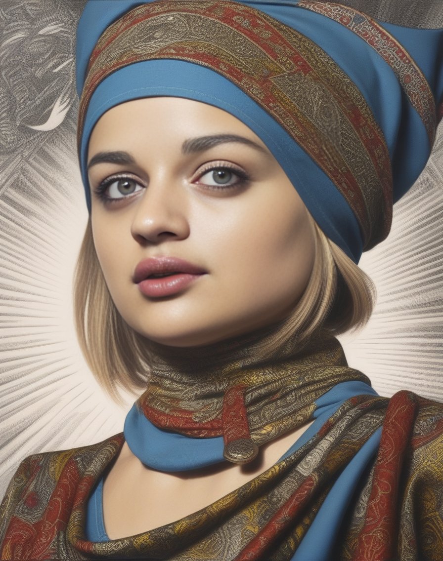 JoeyKing, (art by Rick Griffin:0.8) , (art by Lee Miller:1.1) , portrait,close up of a Collectable Female, Sultan, Bending backwards, Epochal Bandanna, [Slovak|Inca] Handkerchief, Synthpunk, Sun Rays,  <lora:JoeyKingSDXL:1>