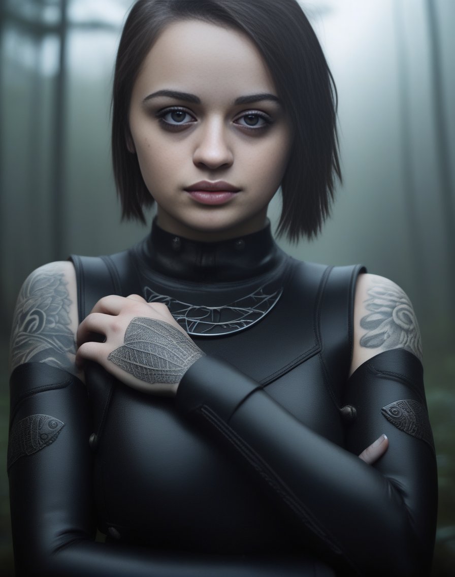 JoeyKing, [art by Myroslava Sviridova,art by Anton Semenov:9], portrait, forest and cityscape,close up of a short Brazilian Female, wearing Neoprene dark black armor, Hands behind head, Young Brunette hair, Victorian Tattoos, Foggy, Fish-eye Lens,  <lora:JoeyKingSDXL:1>