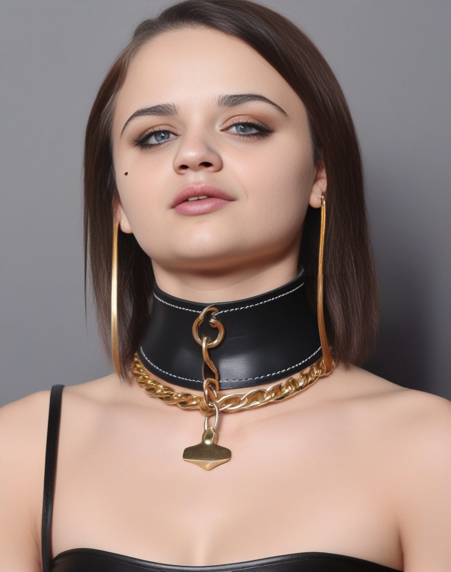 JoeyKing,<lora:JoeyKingSDXL:1>, a woman in a black leather dress with a choker, wearing steel collar, slave collar, choker, wearing detailed leather collar, black leather choker, choker on neck, wearing choker, choker around neck, wearing black choker, wearing collar, wearing gold detailed choker, wearing collar on neck, collar on neck, piercings collar, steel choker