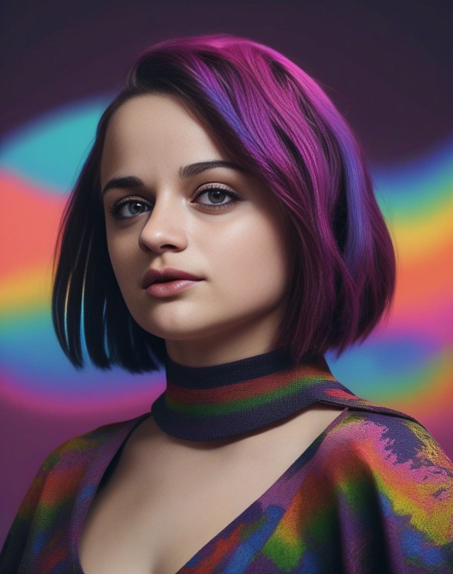 JoeyKing, portrait,close up of a Monstrous tall Female, behance, Nonchalant Short bob hairstyle, Folk Art, short lighting, dark rainbow hue, <lora:JoeyKingSDXL:1>