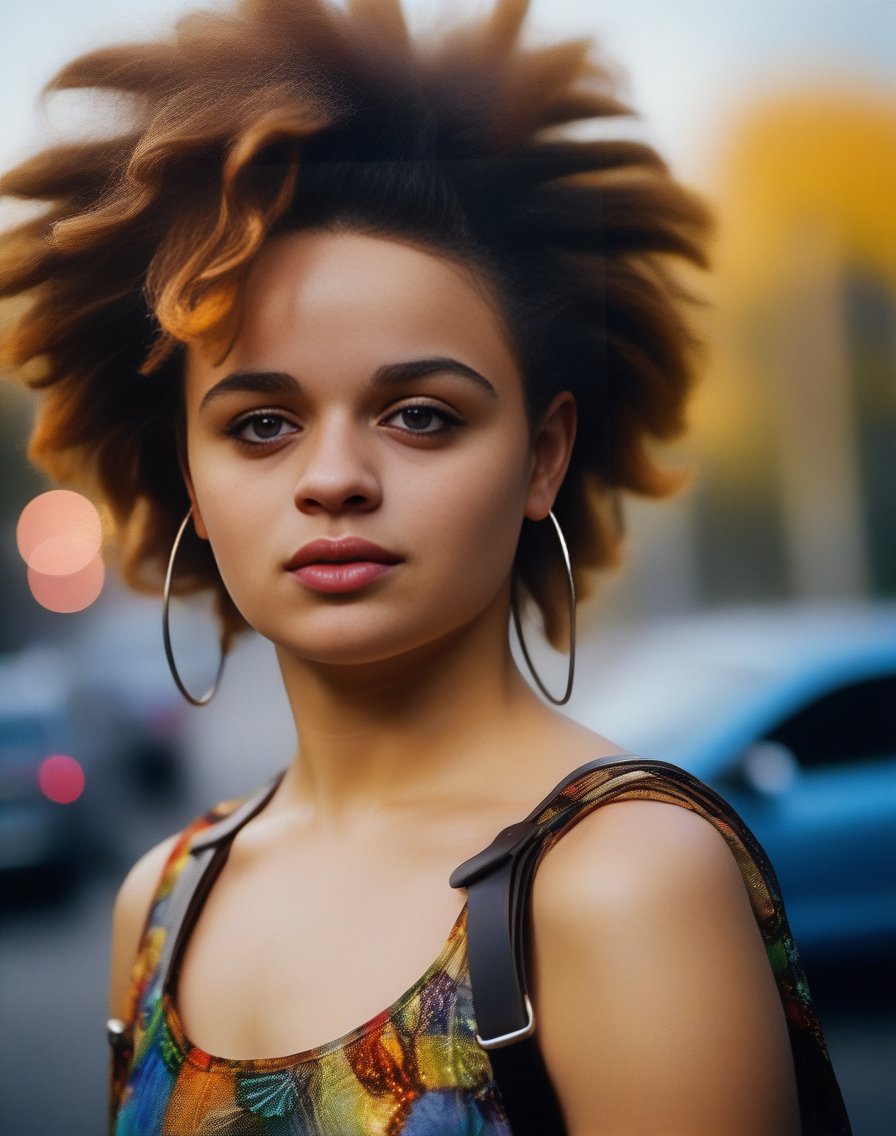 JoeyKing, art by Dale Chihuly, portrait,close up of a 1980'S Female, Lyrical Afro hairstyle, Harness, inside a Attractive Wetlands, autumn city street, Summer, Bokeh,  <lora:JoeyKingSDXL:1>