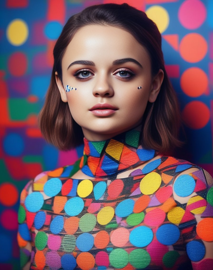 JoeyKing,<lora:JoeyKingSDXL:1>, cinematic photo (full-body:1.85) A futuristic portrait of a beautiful young woman on a simple paper studio background with a strong colourful intricate circular geometrical pattern, geometrical makeup, (highly detailed skin texture:1.6), pores, high contrast . 35mm photograph, film, bokeh, professional, 4k, highly detailed