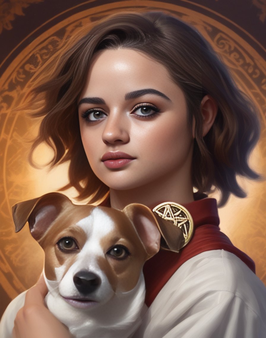 JoeyKing, art by Davide Sasselli, portrait,close up of a Voluminous Corsican Girl, Star mage, Kung fu pose, Two-Tone Side-swept curls hairstyle, Belarusian Jack Russell Terrier Eyes, Medallion,  <lora:JoeyKingSDXL:1>