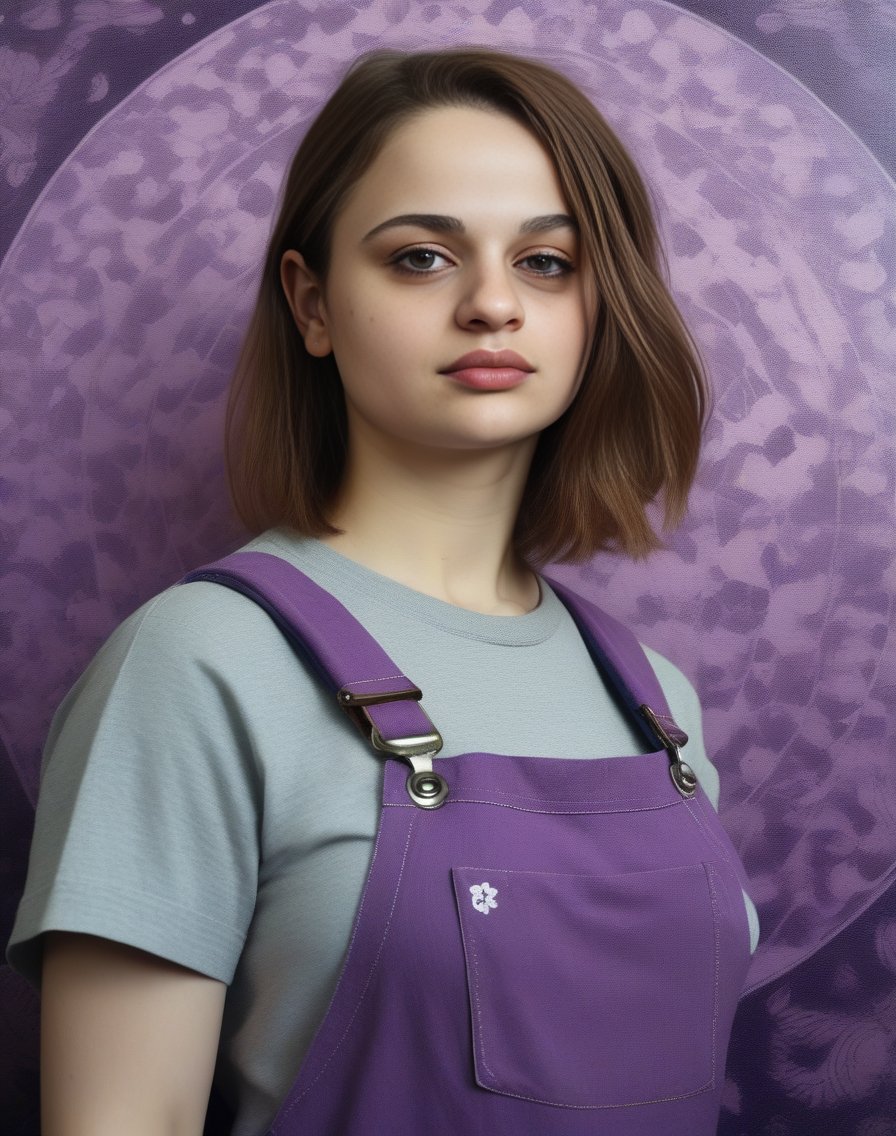 JoeyKing, portrait,close up of a Tangible rotund Mughal Woman, Knight errant, wearing Purple Overalls and t-shirt, Winter, Bokeh, Dada Art, sgraffito, [art by Serge Marshennikov| (art by CFA Voysey:1.3) ],  <lora:JoeyKingSDXL:1>