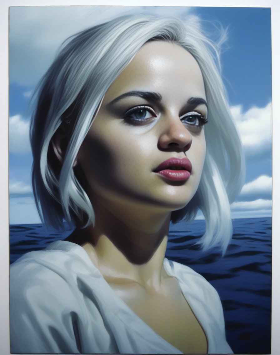 JoeyKing, art by Peter Sedgley, portrait, Orphism,close up of a Doubtful Female, Scuba diving, White hair, Stormy weather, horizon-centered, Circular polarizer,  <lora:JoeyKingSDXL:1>