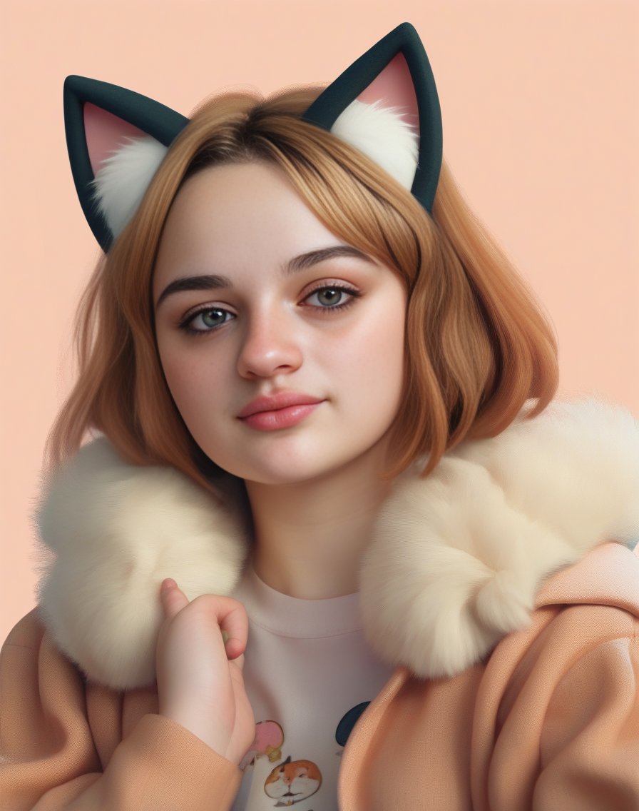 JoeyKing, art by Winifred Knights, portrait,close up of a heavyset Girl wearing cute cat ears, furry, kawaii, cutecore, happy, cattail, colorful, Fall, Ultra Real, Steelpunk, Zoom lens,  <lora:JoeyKingSDXL:1>