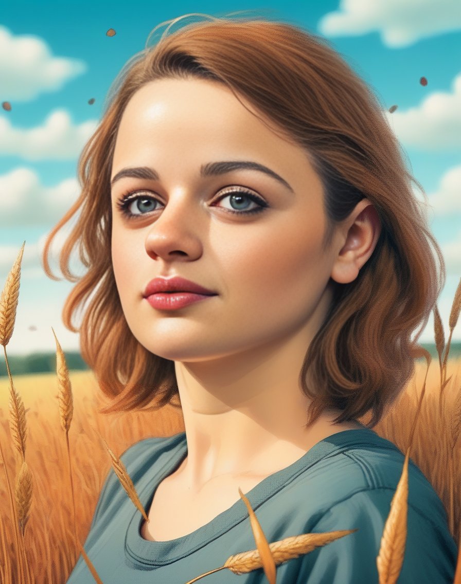 JoeyKing, portrait,close up of a Heavenly Female, fall grass, tilt shift, Graphic novel, Decora, Depth of field 100mm, Vibrant Color, art by Raymond Briggs,  <lora:JoeyKingSDXL:1>