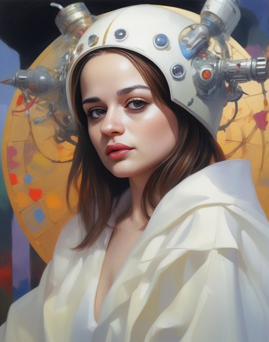 JoeyKing, art by Stephen Quiller, portrait,close up of a Festive Female, 😘, Vicar, wearing Angel robe, Blindfold, Umbrella, Robotic Body Parts, Melancholy Atlantis in background, Health Goth Art, Highres,  <lora:JoeyKingSDXL:1>