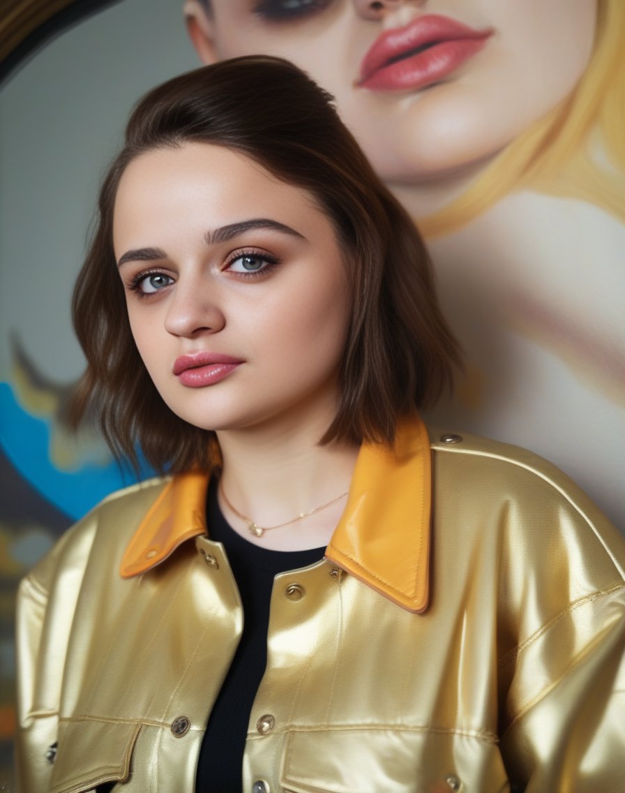 JoeyKing, portrait,close up of a Hostile Woman, 😂, wearing Emergent Brass electric color Bomber jacket, captivating pose, tilt shift, [art by Sam Toft|art by Ilya Repin],  <lora:JoeyKingSDXL:1>