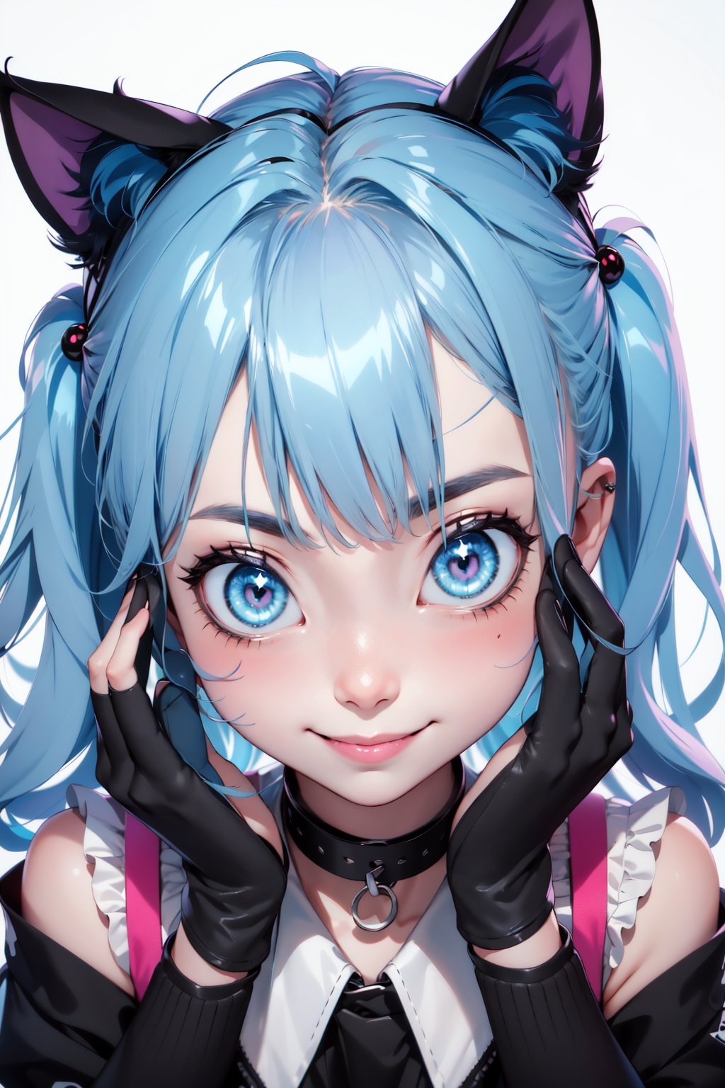 best quality,  masterpiece,  highres,  solo,  nijimi_anazawa_mahoushoujosite:1.15,  blue_hair,  twintails,  long_hair,  blue_eyes,  hair_ornament,  hair_bobbles,  blush,  bangs,  1girl,  collar,  animal_ears,  smile,  animal_hands,  gloves,  looking_at_viewer,<lora:EMS-222670-EMS:0.600000>