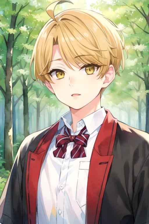 (best quality:1.1), (masterpiece:1.4), game cg, 1boy, solo, male focus, , upper body, depth of field, (watercolor illustration, soft pastel colors:1.1), realistic, <lora:yuuma_nikaidou:0.78>, yuuma_nikaidou, blonde hair, yellow eyes, short hair, dracula costume, The Enchanted Forest,