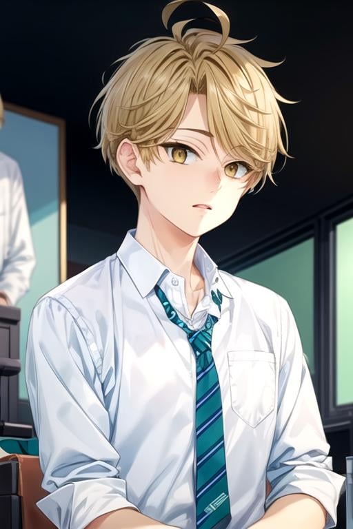 (best quality:1.1), (masterpiece:1.4), game cg, 1boy, solo, male focus, , upper body, depth of field, , , <lora:yuuma_nikaidou:0.84>, yuuma_nikaidou, blonde hair, yellow eyes, short hair, dress shirt, , science fiction noir, HD