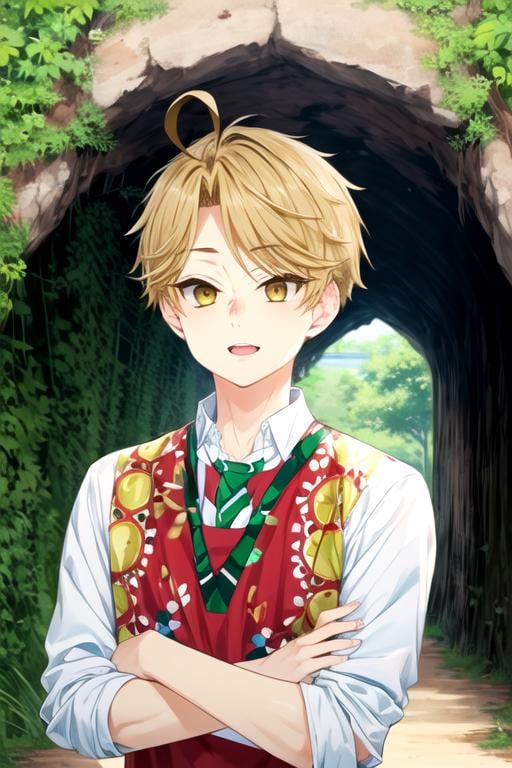 (best quality:1.1), (masterpiece:1.4), wallpaper, 1boy, solo, male focus, , upper body, , , , <lora:yuuma_nikaidou:1>, yuuma_nikaidou, blonde hair, yellow eyes, short hair, luau costume, tunnel,